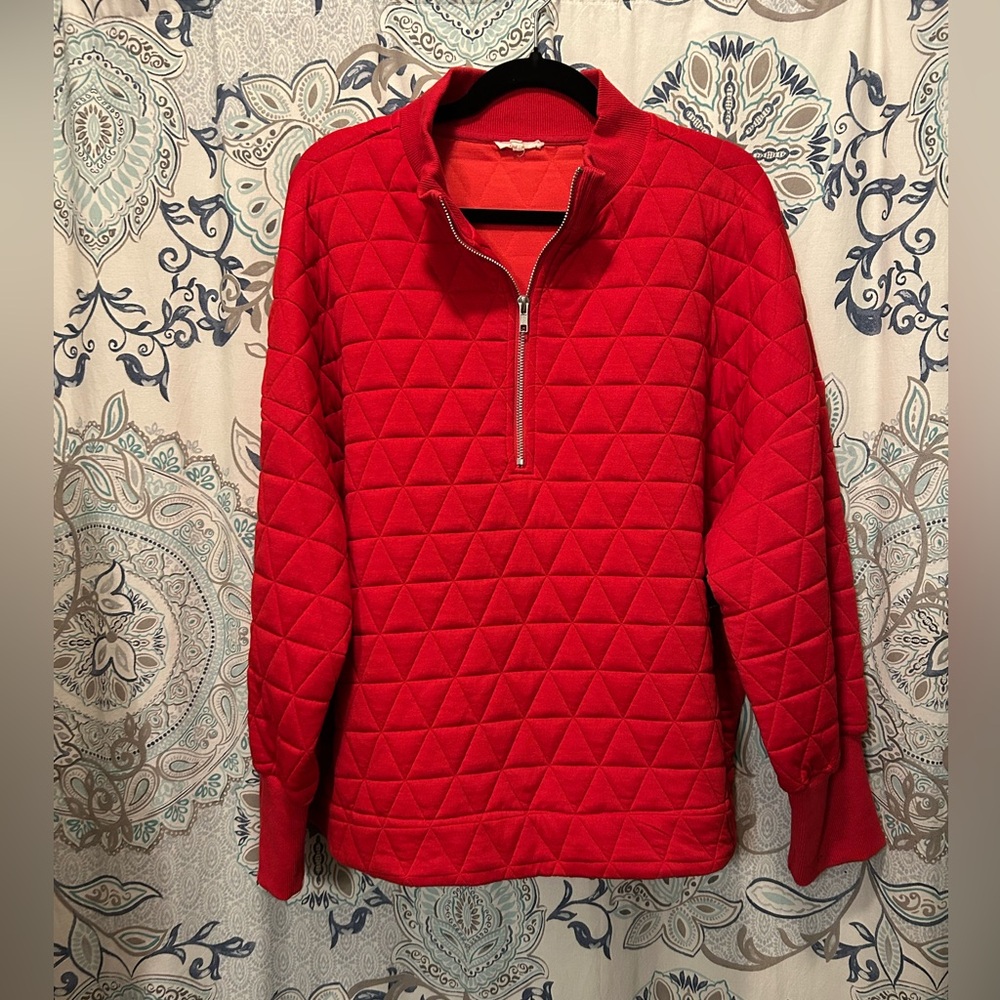 JODIFL Red Quilted Half-Zip Pullover Sweatshirt